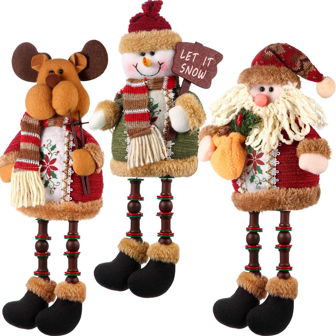 Sumind 3 Pieces Christmas Sitting Santa Claus Snowman Reindeer Christmas Ornament Long Legs Table Fireplace Decor Home Decoration Christmas Figurines Plush
