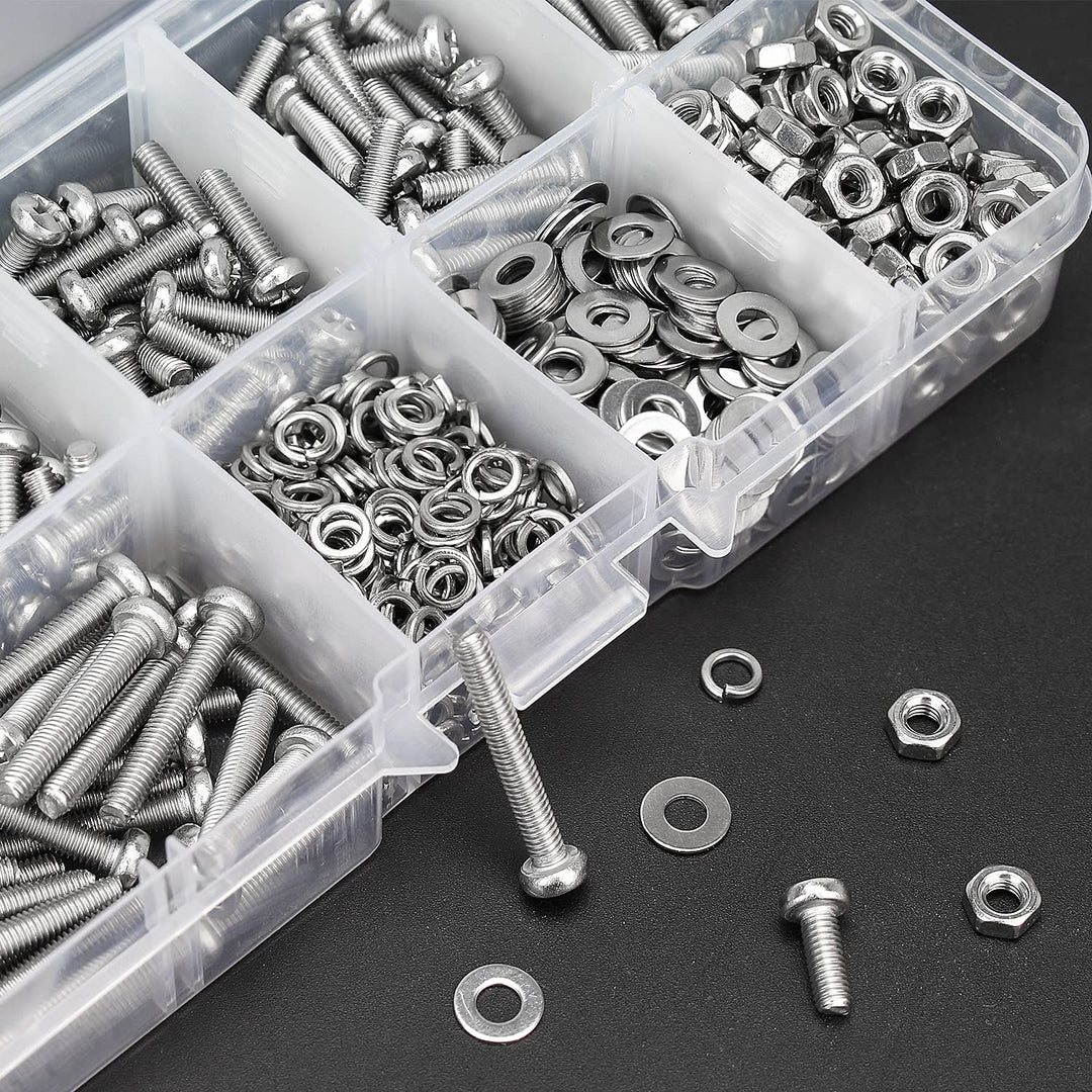 500 Pieces M3 x 6mm /8mm /10mm /12mm /16mm /20mm, Phillips Pan Head Machine Screws, Metric Screws Bolts Washers Nuts Kit, 304 Stainless Steel