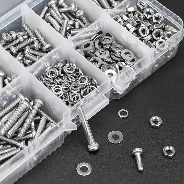 500 Pieces M3 x 6mm /8mm /10mm /12mm /16mm /20mm, Phillips Pan Head Machine Screws, Metric Screws Bolts Washers Nuts Kit, 304 Stainless Steel