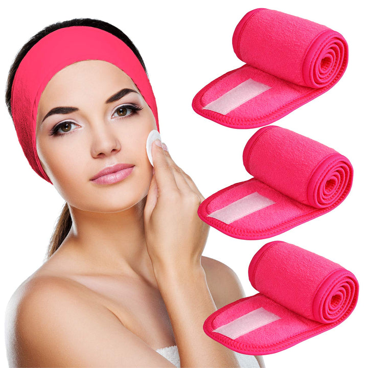 3 Pack Makeup Headband, Ultra Soft Adjustable Spa Facial Headbands Terry Cloth Stretch Make Up Wrap for Face Washing, Bathing, Showers (Rose Red)