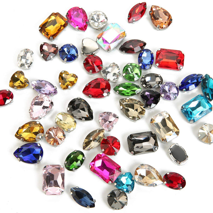 Sew On Rhinestones, 48PCS Mixed Shapes Flatback Sew On Glass Rhinestone Sewing Claw Rhinestone for Craft, Clothes, Garments, Dress, Earring, Belt and Shoes (Mixed, Silver Claw)