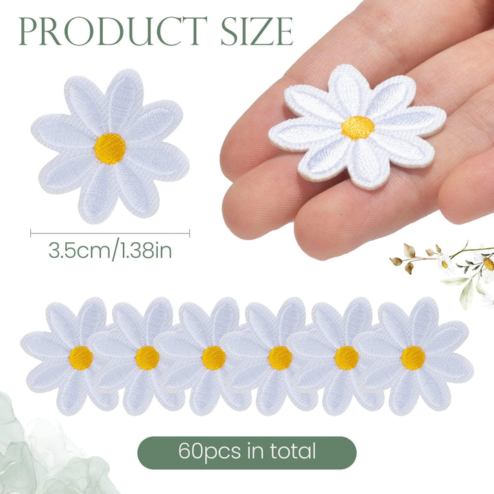 IUAQDP 60 Pieces Daisy Embroidery Patch, White Yellow Daisy Flower Iron On Applique Cloth, Sew on Decal Badge Repair Sticker for Clothing Jacket Hoody T-Shirt Jean Bag Hat Dress Shoe Decor, 1.38IN
