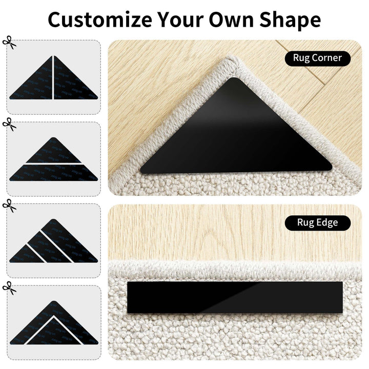 12PCS Non Slip Rug Grippers, Rug Pads Grippers, Rug Tape Anti Slip Carpet Pads Rug Corner Gripper for Hardwood Floors/Tile/Mats/Keep Area Rugs Flat and Easily Peel Off (Black)
