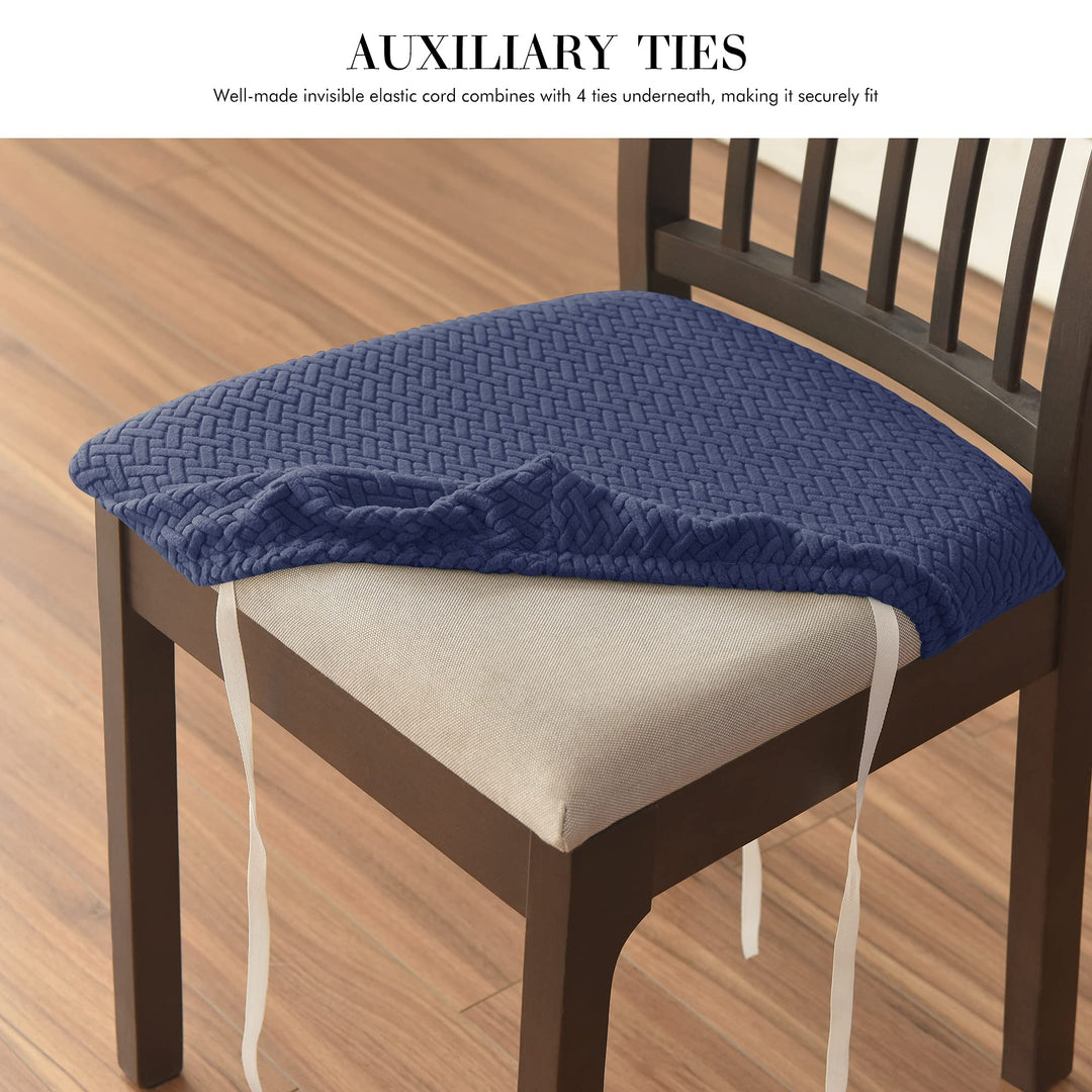 Dining Chair Seat Slipcover, Soft Stretch Chair Cushion Cover for Dining Room, Unique Geometric Jacquard Pattern,Washable Removable Chair Seat Protector with Elastic Ties,Set of 4,Jade Green