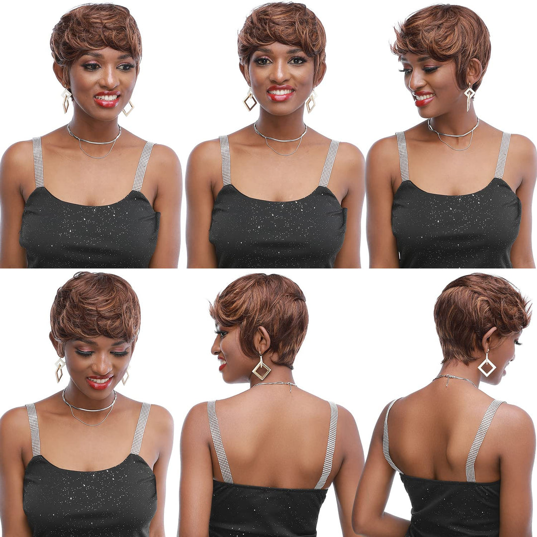 S-noilite Short Human Hair Wigs with Bangs Ombre Black to Burgundy Red Layered Wavy Short Pixie Cut Wig Dark Root 100% Human Hair Wig for Black Women Natural Daily Party