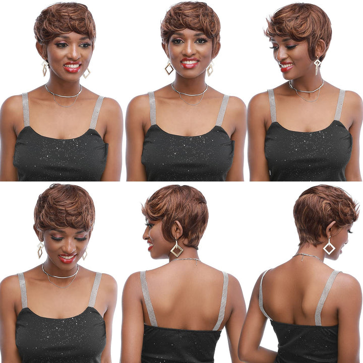 S-noilite Short Human Hair Wigs with Bangs Ombre Black to Burgundy Red Layered Wavy Short Pixie Cut Wig Dark Root 100% Human Hair Wig for Black Women Natural Daily Party