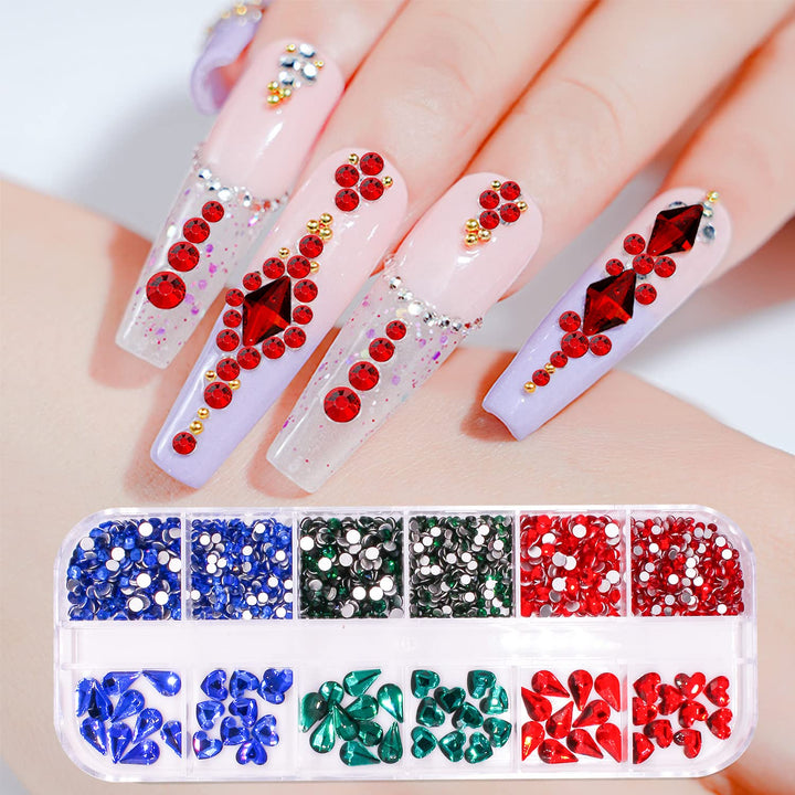 1260pcs Flat Back Green Nail Rhinestones Blue Nail Rhinestones Red Rhinestones for Nails Nail Crystals Beads Glass Gems Stones Multi Shapes Sizes Nail Rhinestones for Nail DIY Crafts Jewelry
