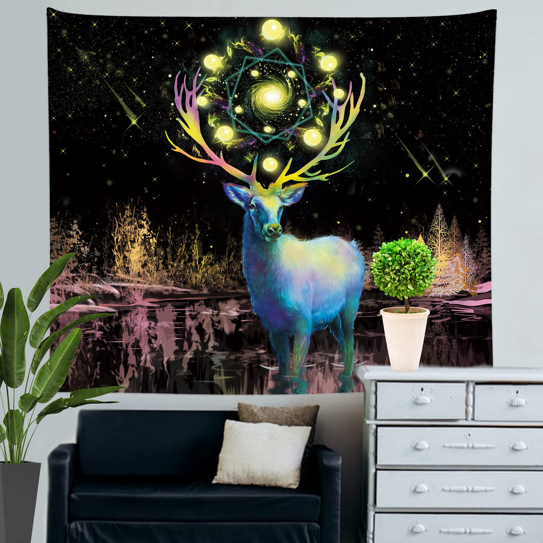 EKOFECK Blacklight Deer Tapestry, UV Reactive Stars Tapestry Glow in the Dark Party Backdrop, Black Light Magic Tapestries Wall Hanging for Bedroom Aesthetic Decor 60x51 Inch