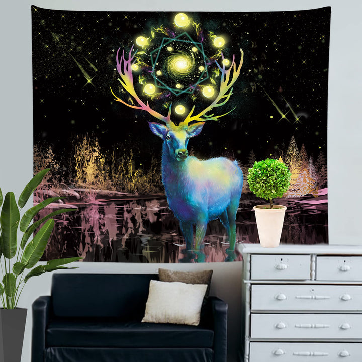 EKOFECK Blacklight Deer Tapestry, UV Reactive Stars Tapestry Glow in the Dark Party Backdrop, Black Light Magic Tapestries Wall Hanging for Bedroom Aesthetic Decor 60x51 Inch