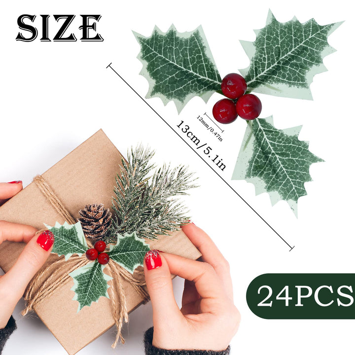 Holly Berries with Green Leaves, 24PCS Artifical Red Holly Berry Flowers for Christmas Tree/Wreath Arrangement Decorations, Red Berry Christmas Picks for Crafts Gifts Wedding Party Decor