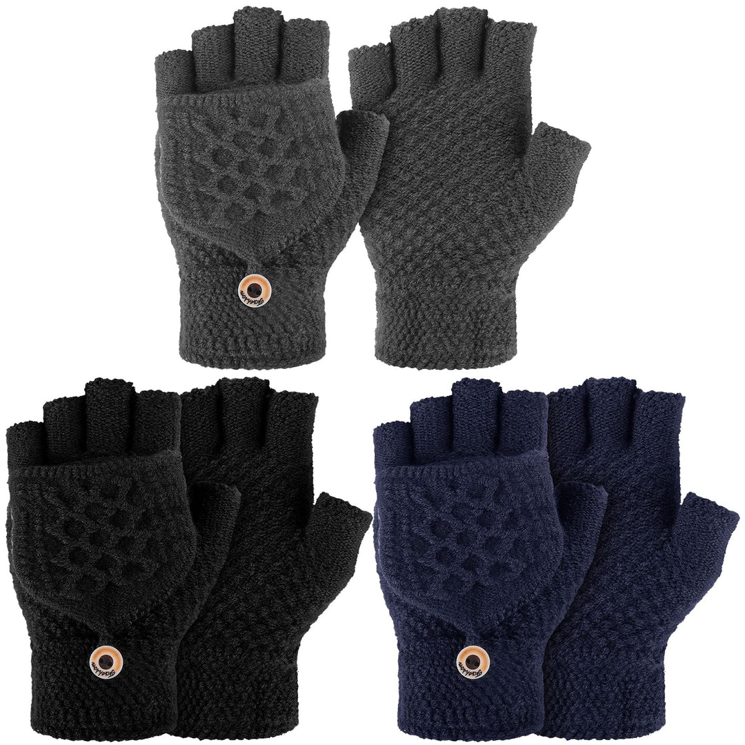 3 Pairs Knitted Convertible Fingerless Gloves Winter Flap Cover Convertible Gloves Warm Mittens for Women (Black, Dark Gray, Navy Blue)