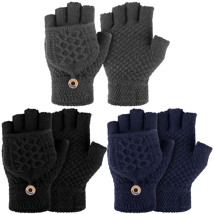 3 Pairs Knitted Convertible Fingerless Gloves Winter Flap Cover Convertible Gloves Warm Mittens for Women (Black, Dark Gray, Navy Blue)