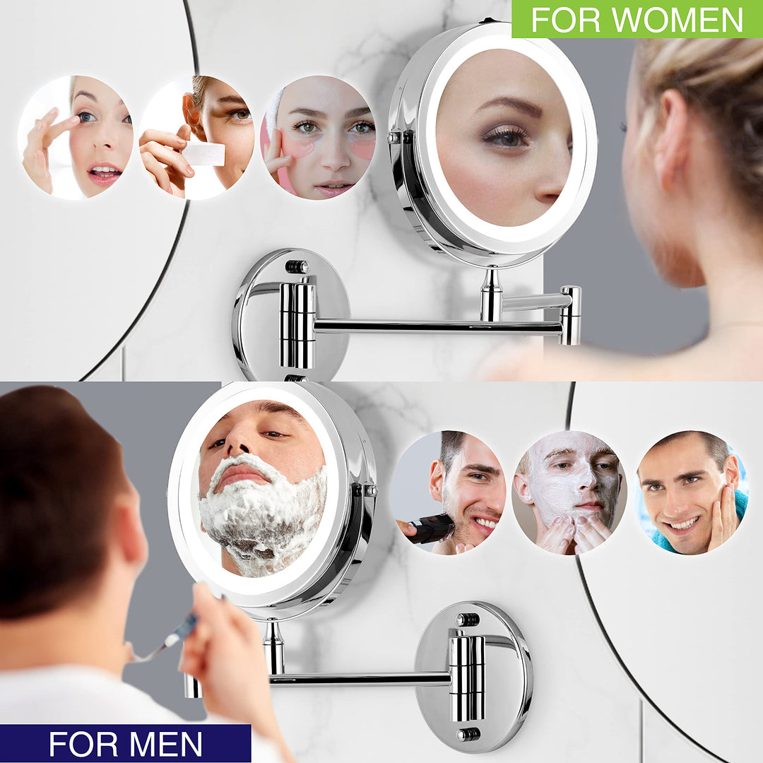 Wall Mounted Makeup Mirror with LED Lights and 1X/10X Magnifying 360° Swivel Extendable Vanity Mirror for Bathroom, Powered by Batteries (Not Included) 8 Inch,Chrome