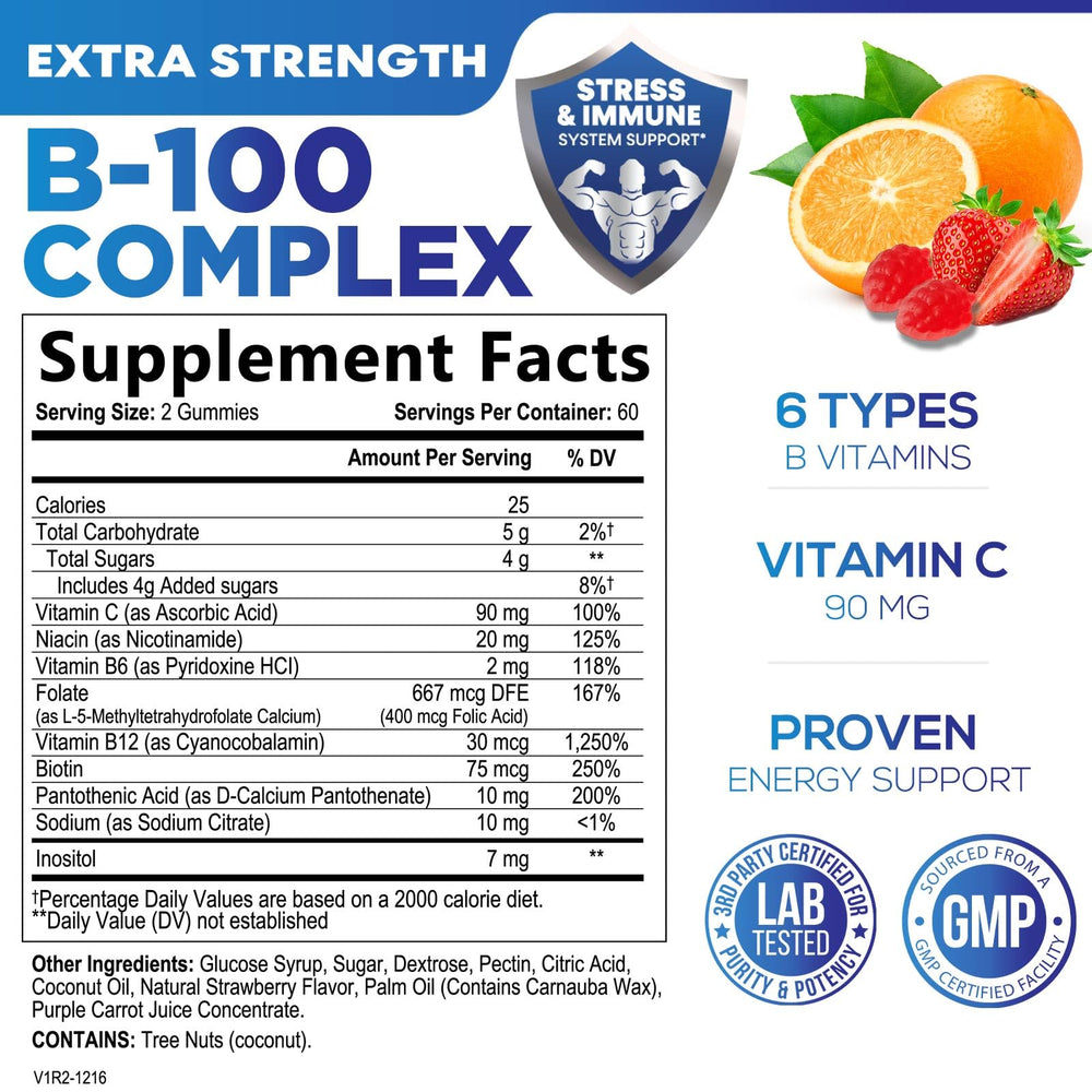 B Complex Gummy with Vitamin C & Folic Acid, Extra Strength Vitamin B Gummies Supplement with Niacin, B6, Folic Acid, Super B12, Biotin, Nature's Energy Immune Support Supplements - 120 Gummies