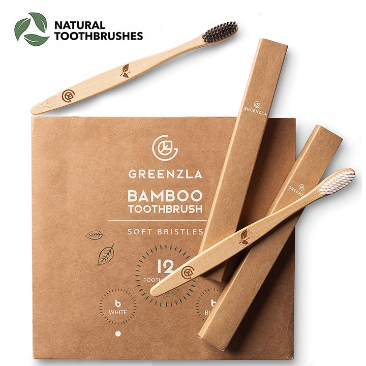 Greenzla Organic Bamboo Toothbrushes, 12 Pack Sturdy BP