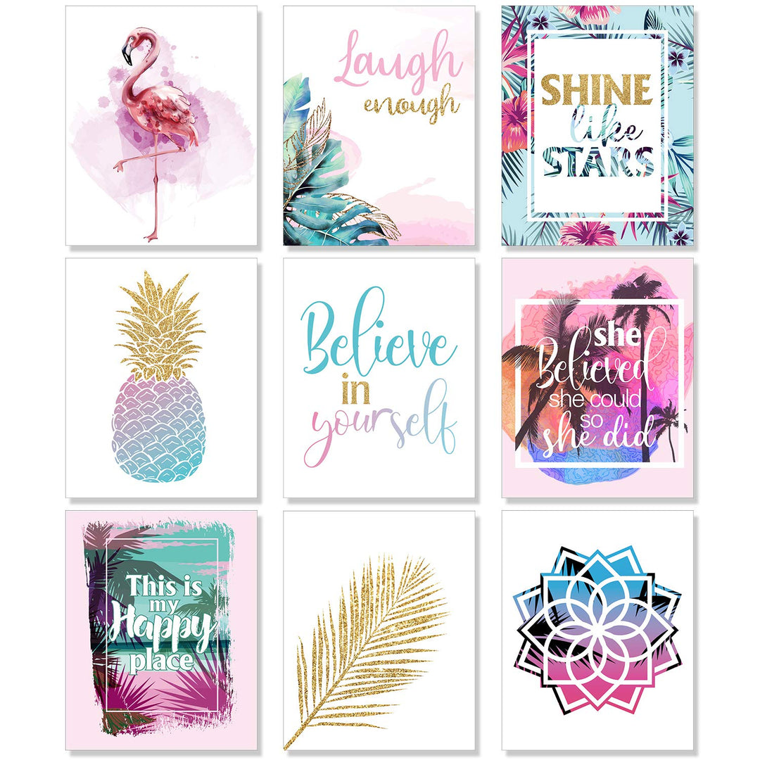 Set of 9 Inspirational Prints Teen Girl Room Wall Art Flamingo Pineapple Leaf Motivational Phrases Posters Girls Bedroom Home Decorations Unframed