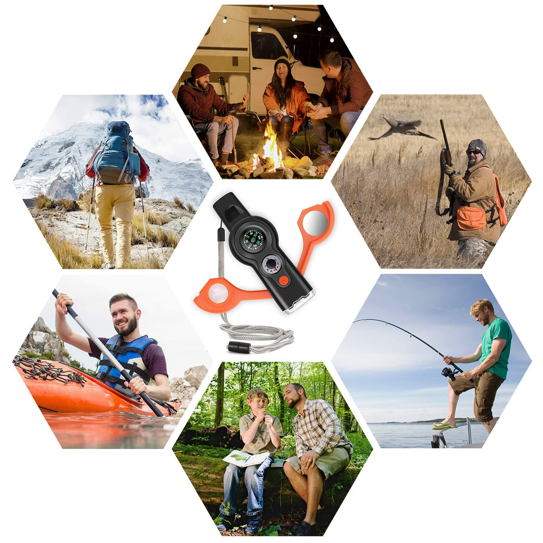 7-in-1 Emergency Survival Function Whistle, Outdoor Multifunctional Tool Safety Whistle with Lanyard, Ideal for Kayaking, Boating, Hiking, Camping, Climbing, Hunting, Fishing, Rescue Signaling