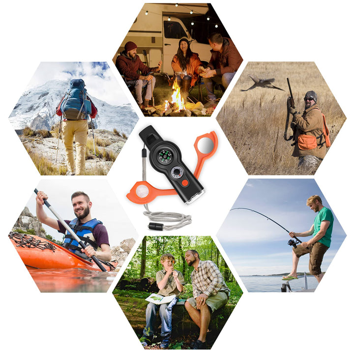 7-in-1 Emergency Survival Function Whistle, Outdoor Multifunctional Tool Safety Whistle with Lanyard, Ideal for Kayaking, Boating, Hiking, Camping, Climbing, Hunting, Fishing, Rescue Signaling