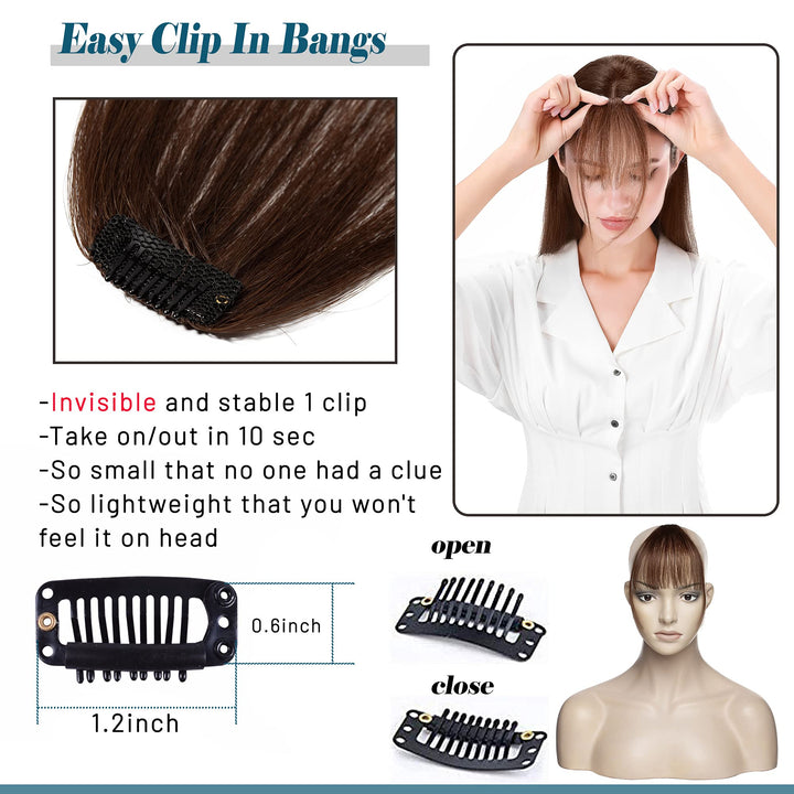 S-noilite Clip in Bangs Human Hair Thin Air Bangs Extension with Temples 1 Clip One Piece Clip on Bangs Hairpieces Soft Remy Hair For Women Girls (Medium Brown)