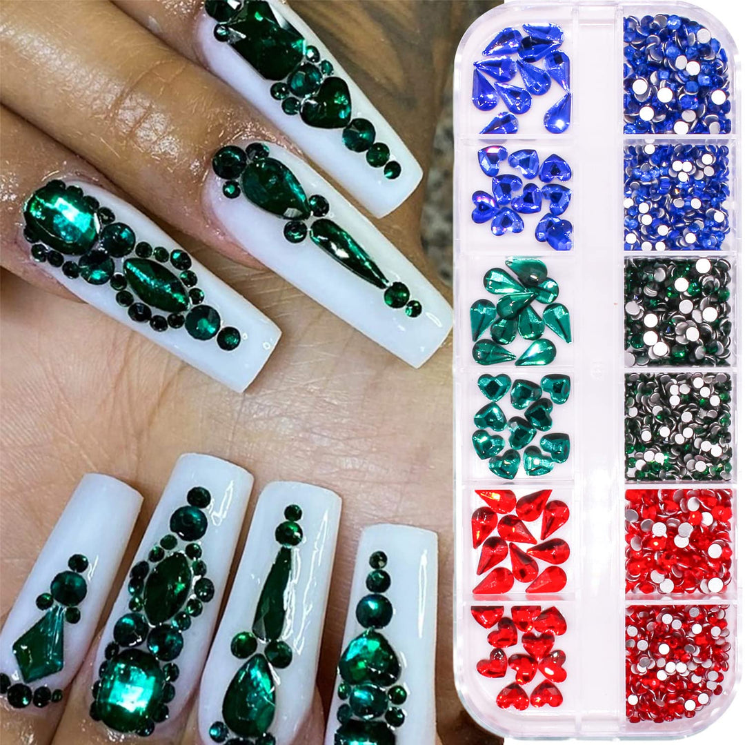 1260pcs Flat Back Green Nail Rhinestones Blue Nail Rhinestones Red Rhinestones for Nails Nail Crystals Beads Glass Gems Stones Multi Shapes Sizes Nail Rhinestones for Nail DIY Crafts Jewelry