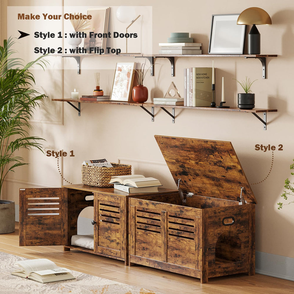Litter Box Enclosure, Cat Litter House with Louvered Doors, Entrance Can Be on Left or Right Side, Spacious Hidden Washroom for Most of Litter Box, Cat Furniture Cabinet, Rustic Brown