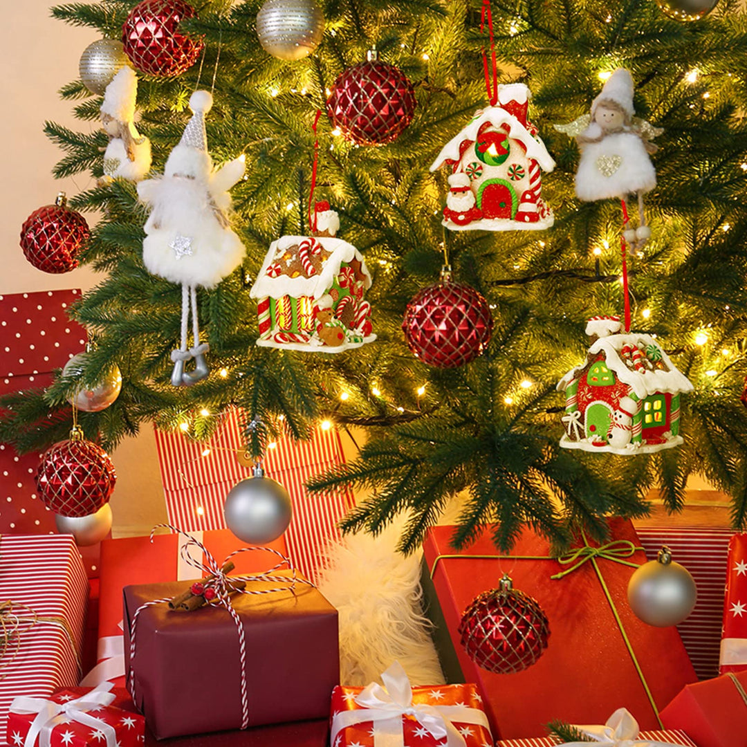 3 Pieces Gingerbread House Ornaments Glitter Christmas Lighted House Ornaments Gingerbread Decor Decorative Led Snowman Santa Claus House Xmas Tree Hanging Decoration for Holiday Housewarming Gift