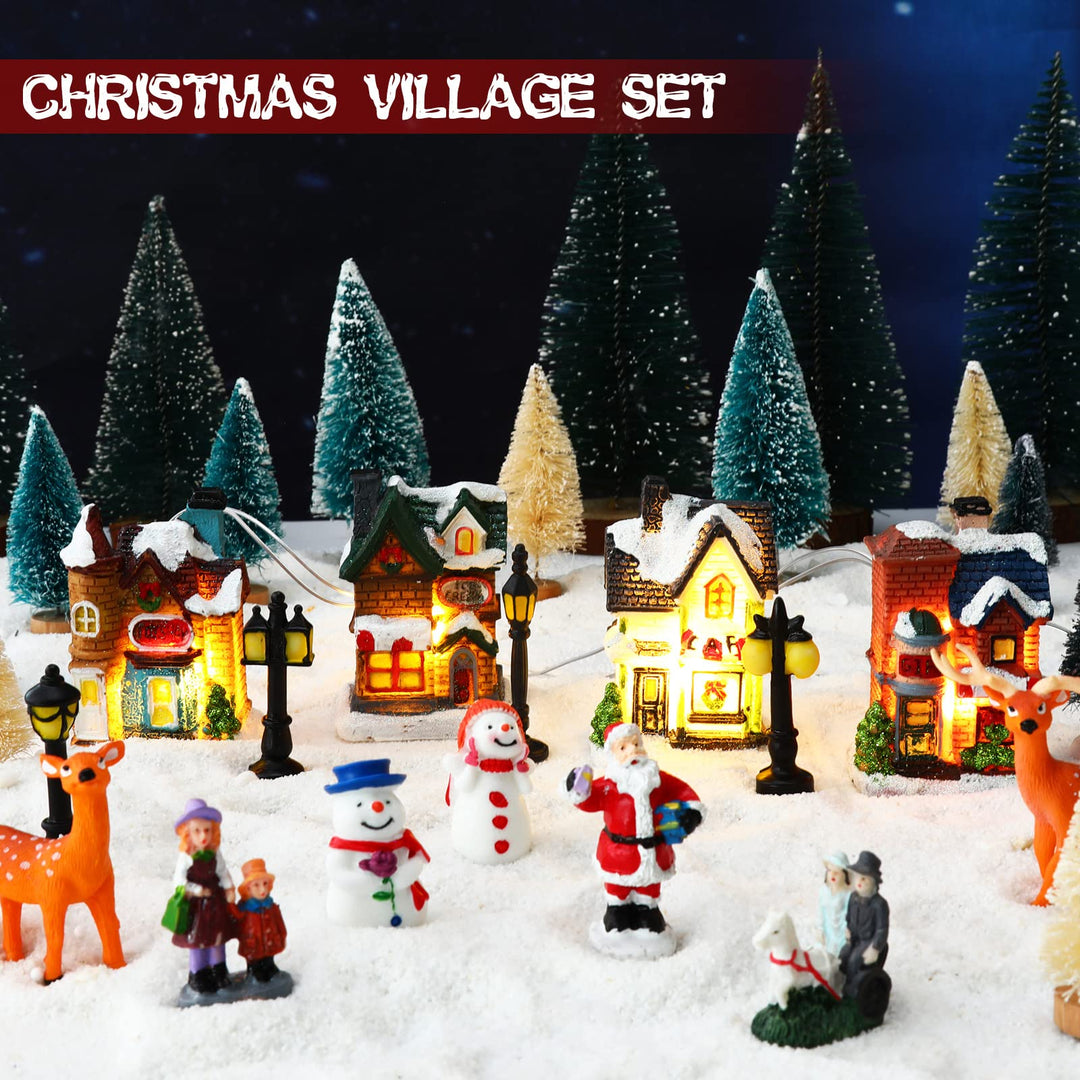 31 Pcs Christmas Village Figurines Decoration Set Lighted LED Christmas Village Houses with Figurines and Snow Blanket Roll for Christmas Town Scene Desktop Ornaments Battery Operated Landscape Decor
