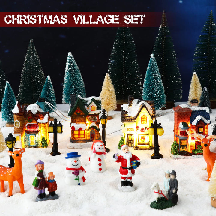 31 Pcs Christmas Village Figurines Decoration Set Lighted LED Christmas Village Houses with Figurines and Snow Blanket Roll for Christmas Town Scene Desktop Ornaments Battery Operated Landscape Decor