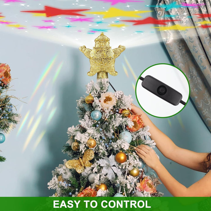 Christmas Tree Topper, Santa Claus Tree Topper with LED Rotating Snowflake Projector Lights, 3D Hollow Santa Claus Tree Topper for Tree Decorations