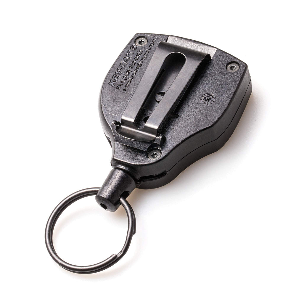 13oz. Locking Retractable Keychain, 36 Retractable Cord, Black Polycarbonate Case, Steel Belt Clip, Oversized Split Ring