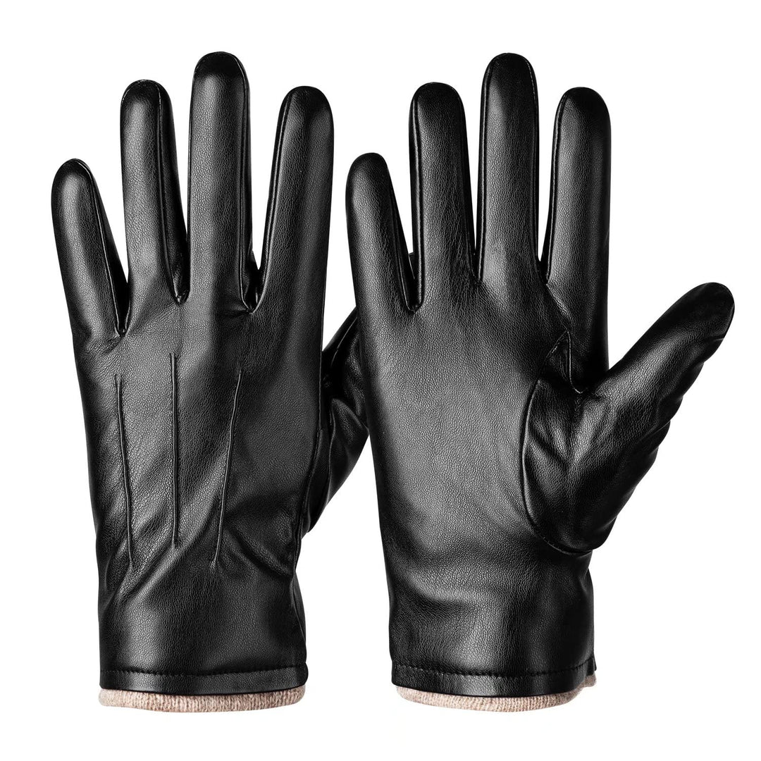 Winter PU Leather Gloves For Men, Warm Thermal Touchscreen Texting Typing Dress Driving Motorcycle Gloves With Wool Lining (Black-L)