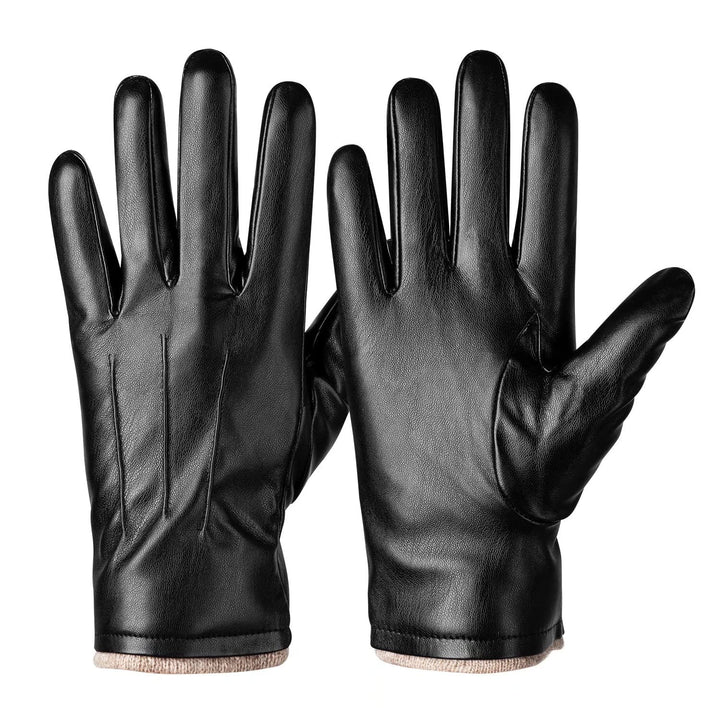 Winter PU Leather Gloves For Men, Warm Thermal Touchscreen Texting Typing Dress Driving Motorcycle Gloves With Wool Lining (Black-L)