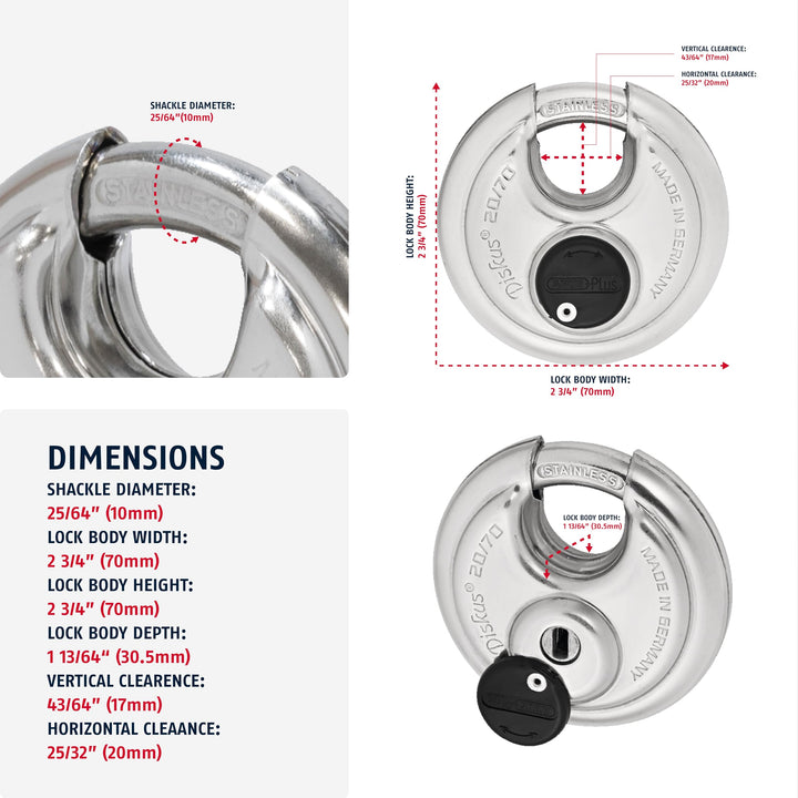 Diskus 20/70 Heavy Duty Stainless Steel Disk Padlock - Rustproof Storage Lock with 3/8 Shackle - Made in Germany - Keyed Different