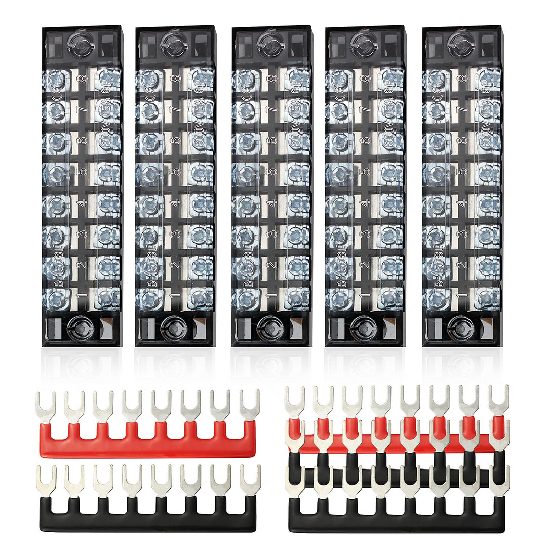 Terminal Strip Blocks, 5 Sets 8 Positions 600V 15A Waterproof Terminal Junction Block with Cover Dual Row Screw Terminal Strip + 400V 15A Pre-Insulated Terminal Barrier Strip Jumper