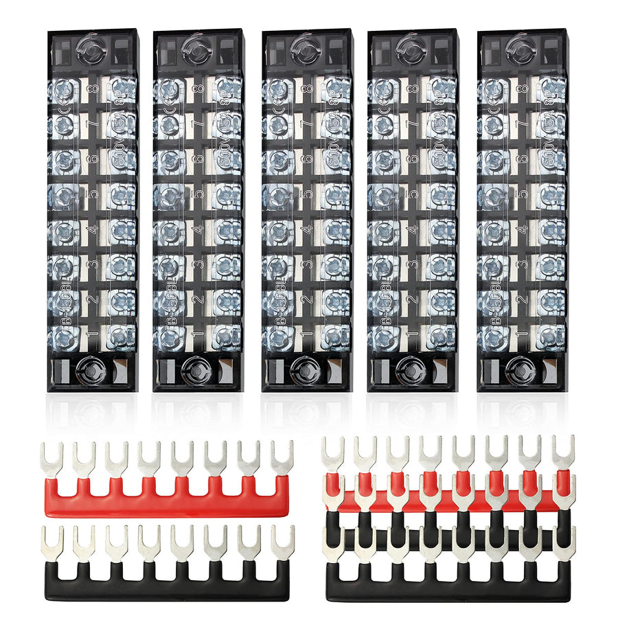 Terminal Strip Blocks, 5 Sets 8 Positions 600V 15A Waterproof Terminal Junction Block with Cover Dual Row Screw Terminal Strip + 400V 15A Pre-Insulated Terminal Barrier Strip Jumper
