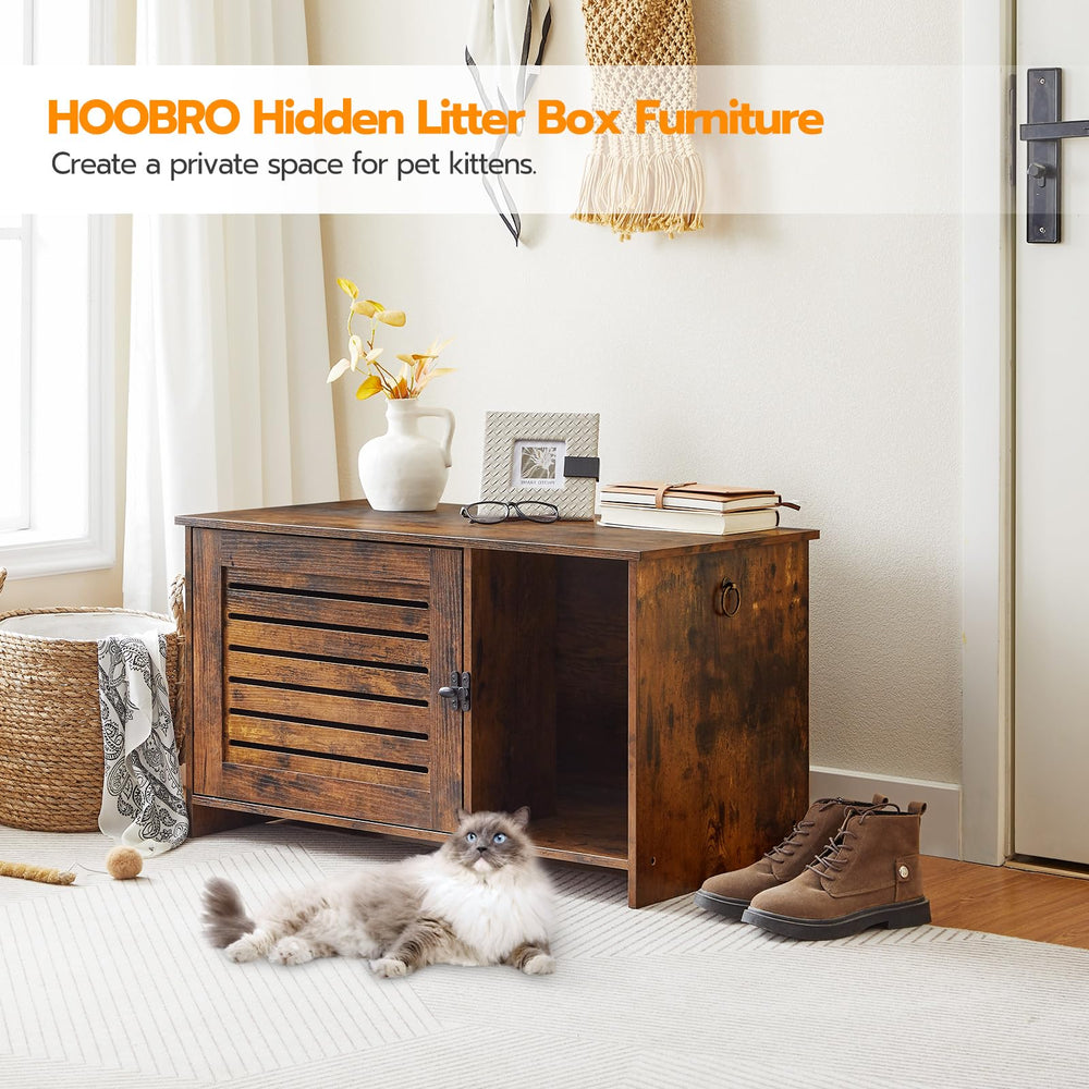 Cat Litter Box Enclosure, Hidden Litter Box Furniture with Louvered Door, Spacious Hidden Litter Cabinet with Divider, Cat Furniture Cabinet, 31.5 L x 17.7 W x 18.1 H, Rustic Brown BF07MW01