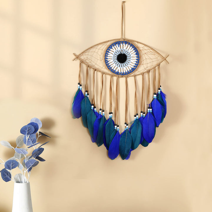 Evil Eye Dream Catchers - Handmade Blue Dreamcatcher for Wall Art Apartment Decor, Good Luck Charm for Home Offices Living Spaces (Blue)