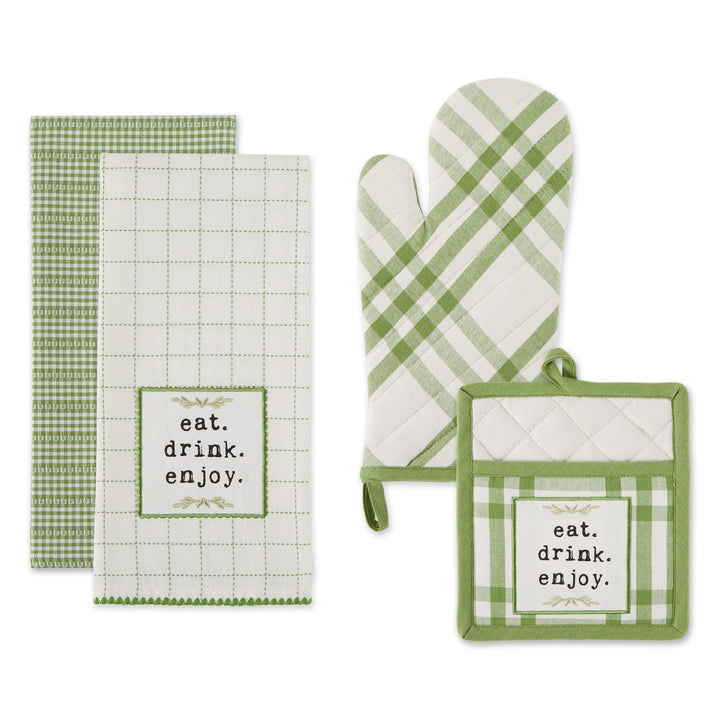 Home Sweet Farmhouse Kitchen Collection, Potholder/Oven Mitt/Dishtowel Set, Antique Green, 4 Count