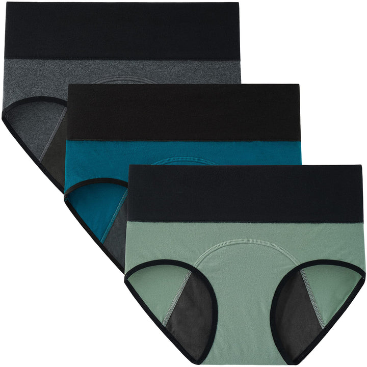 Womens High Waisted Period Underwear Menstrual Leakproof Cotton Panties 3 Pack(3X-Large, Lake Blue/Light Green/Heather Grey)