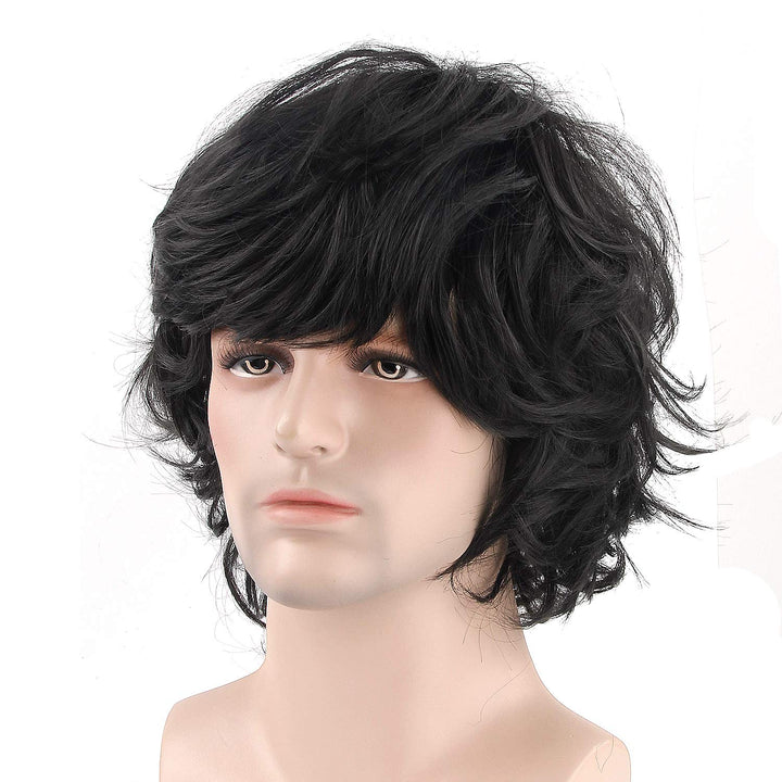 Men Black Wig, Short Wavy Shaggy Style Layered Wig for Halloween Costumes Cosplay with Wig Cap