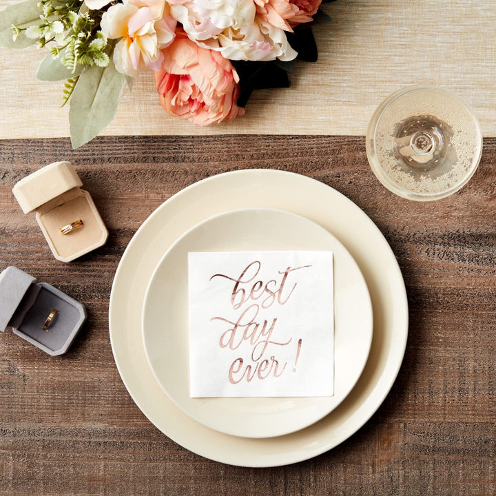 Best Day Ever Cocktail Napkins (50 Pack) 5 x 5 Inches, Rose Gold