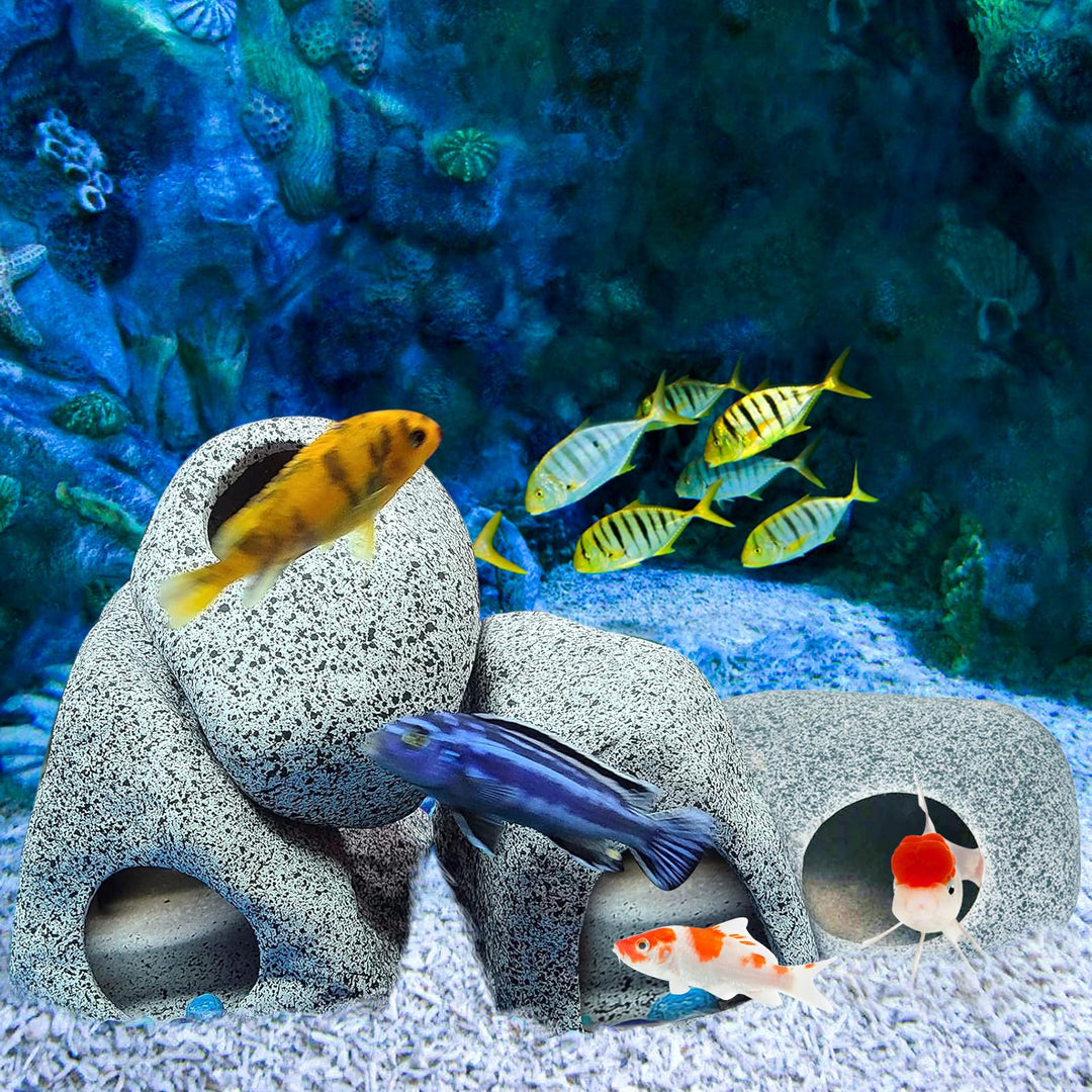 5 Pack Stackable Aquarium Decoration Rock Caves- Ceramic Fish Tank Hideout Cave Stone Ornaments in 5 Styles Professional Betta Cave Hideaway Tunnel for Territorial Fish Shrimp Cichlid Hiding Breeding