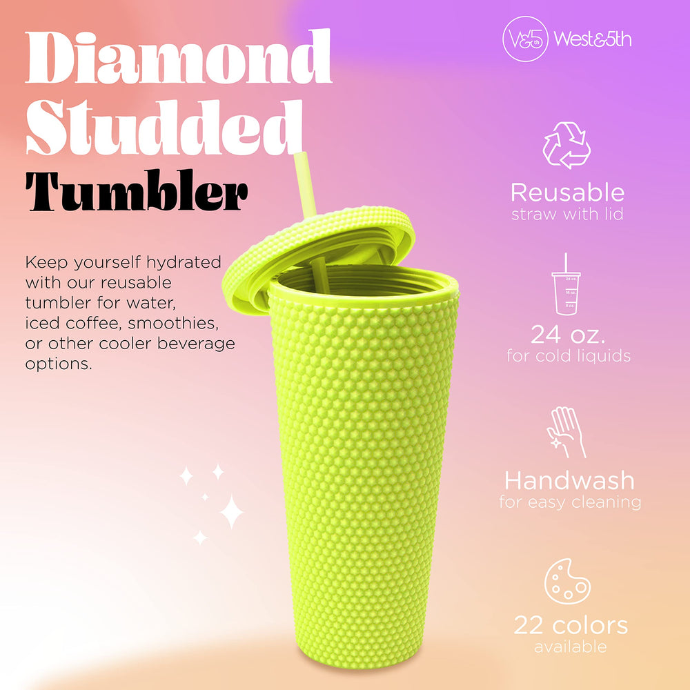 Matte Studded Tumbler with Lid & Straw, Reusable BPA Free Plastic Water Bottle, Travel Friendly Water/Iced Coffee/Cold Brew/Smoothie Textured Cold Cup, 24oz (Yellow)