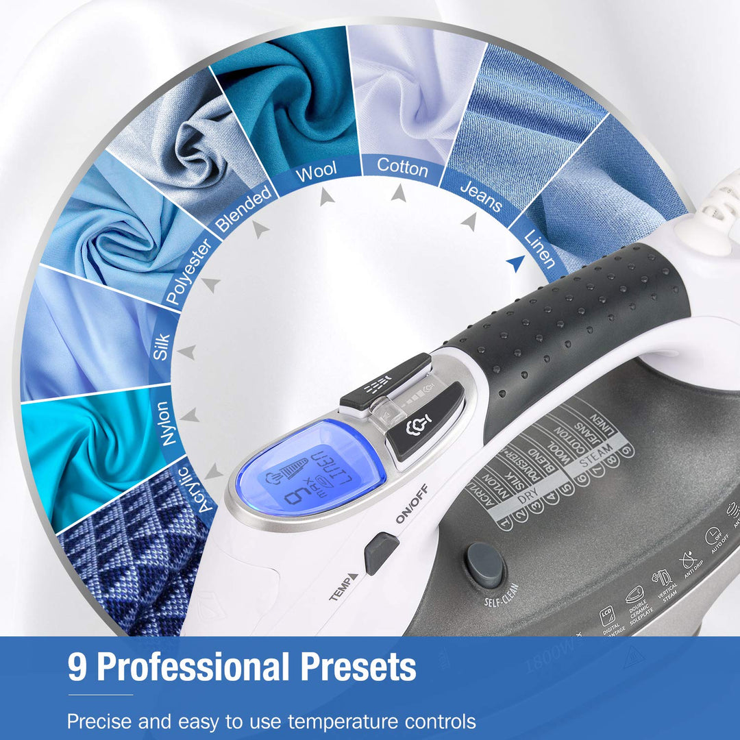 1800-Watt Steam Iron with Digital LCD Screen, Double-Layer and Ceramic Coated Soleplate, 3-Way Auto-Off, 9 Preset Temperature and Steam Settings for Variable Fabric Gray