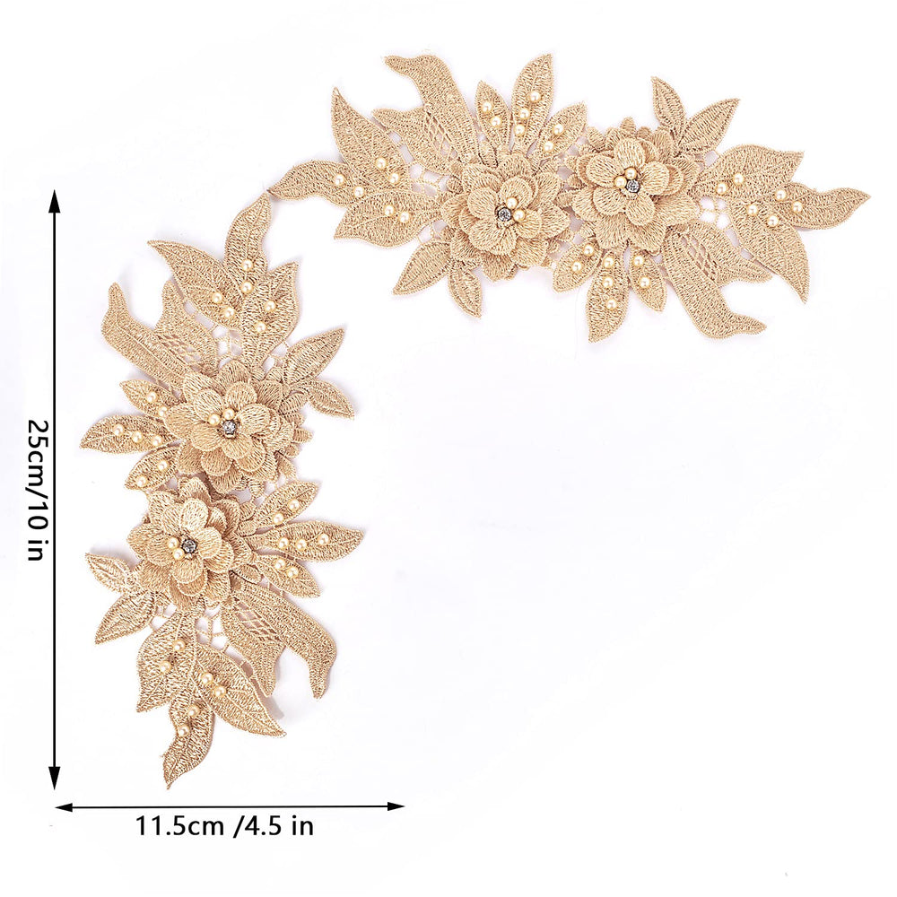 KEJUEEB 1 Pair 3D Lace Applique, Sew on Flower Bead Patches Embroidery Floral Motif Beaded Lace Trim Fabric Pearl Appliques for Sewing Wedding Bride Dress Veil Clothes Decoration (White), KJ-16