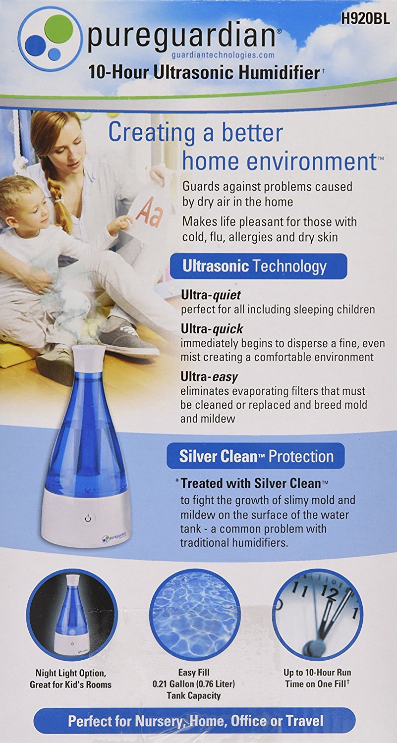PureGuardian 2.4L Output per Day Ultrasonic Cool Mist Humidifier, Baby Room, Nursery Humidifier, Portable Humidifier, Travel Humidifier, Small Humidifier, Desk Humidifier, Pure Guardian H920BL