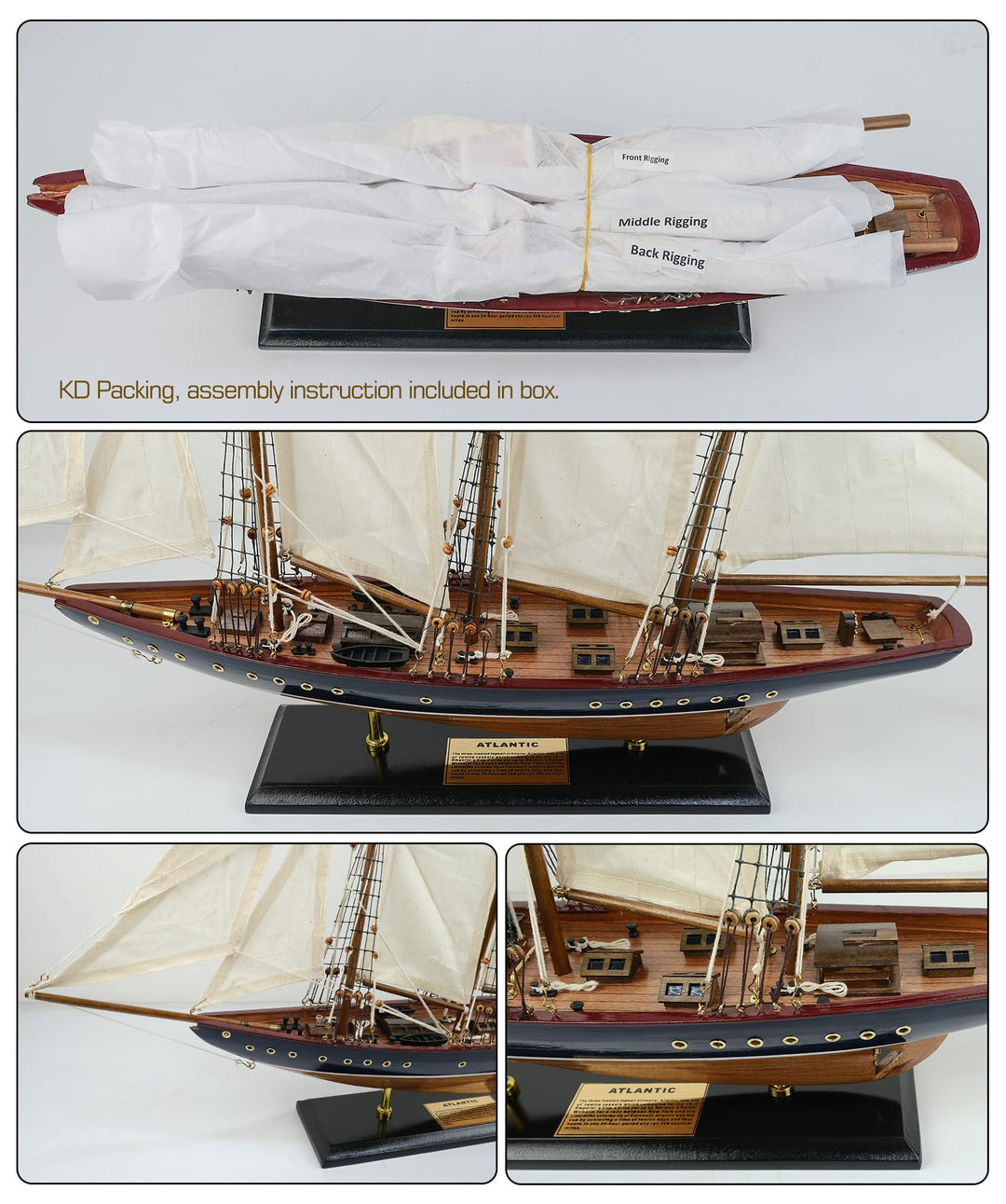 SAILINGSTORY 30 Wooden Sailboat Model Ship Sailboat Decor Schooner Atlantic 1:50 Scale Replica Navy and Walnut Antique Finish