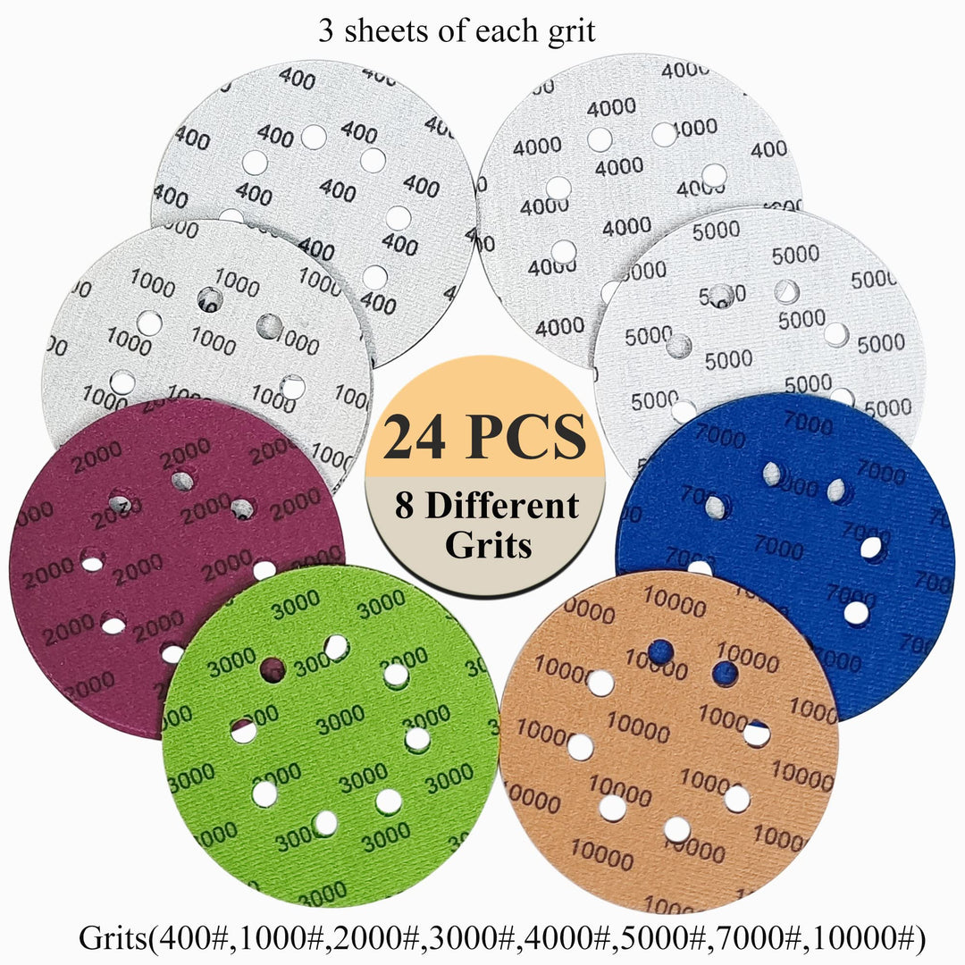#400-#10000 24 PCS 5 Inch 8 Hole Sanding Discs 400/1000/2000/3000/4000/5000/7000/10000 Grit Compatible for Random Orbital Sander Sanding Grinder (24 PCS 5 inch 8Hole #400-#10000)