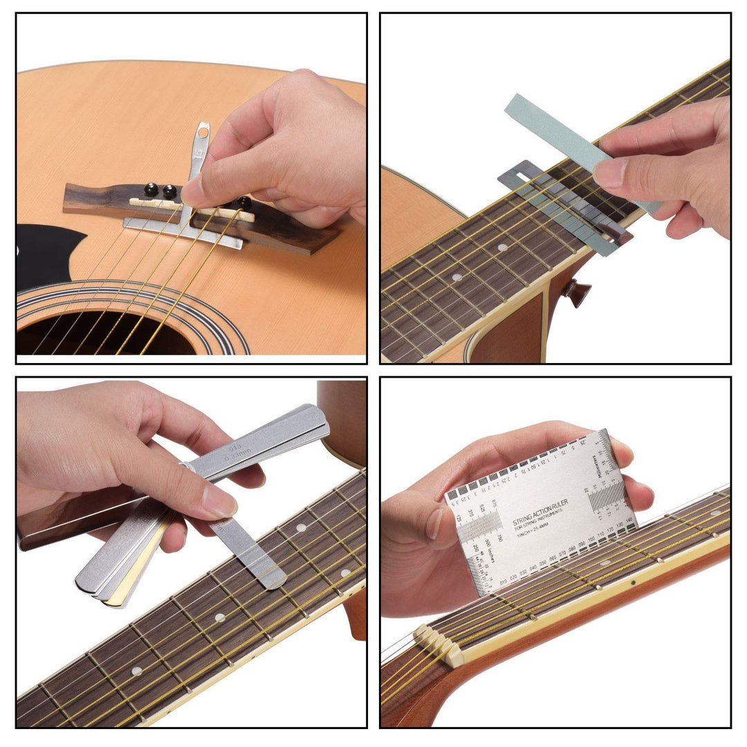 15 Pieces Guitar Radius Gauge Set Including String Action Ruler, 32 Blades Feeler Gauge, Fingerboard Fret Protector Guards and Grinding Stone for Guitar and Bass Setup