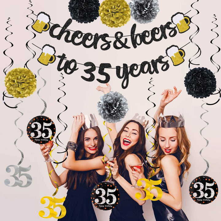 35th Birthday Decorations Kit for Men Women, Cheers to 35 Years Banner with Pom Poms Flowers, 35th Sparkling Hanging Swirl Decorations for 35th Birthday Wedding Party Supplies Decorations